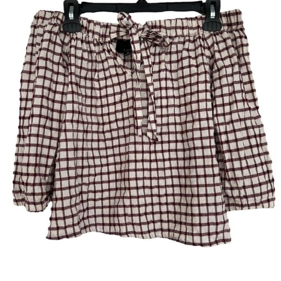 Lumière cotton/linen blend off-the-shoulder gingham tie-front top - Picture 1 of 11